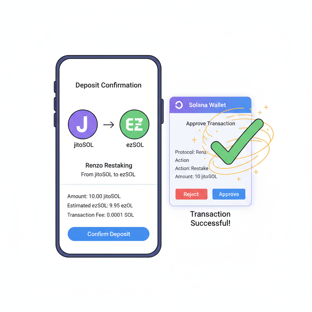 deposit confirmation screen Renzo restaking jitoSOL to ezSOL, transaction popup Solana wallet, success animation