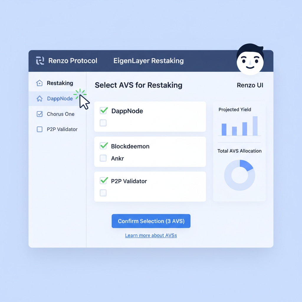 Renzo UI selecting multiple AVSs for restaking, checkboxes on EigenLayer services, analytical dashboard view