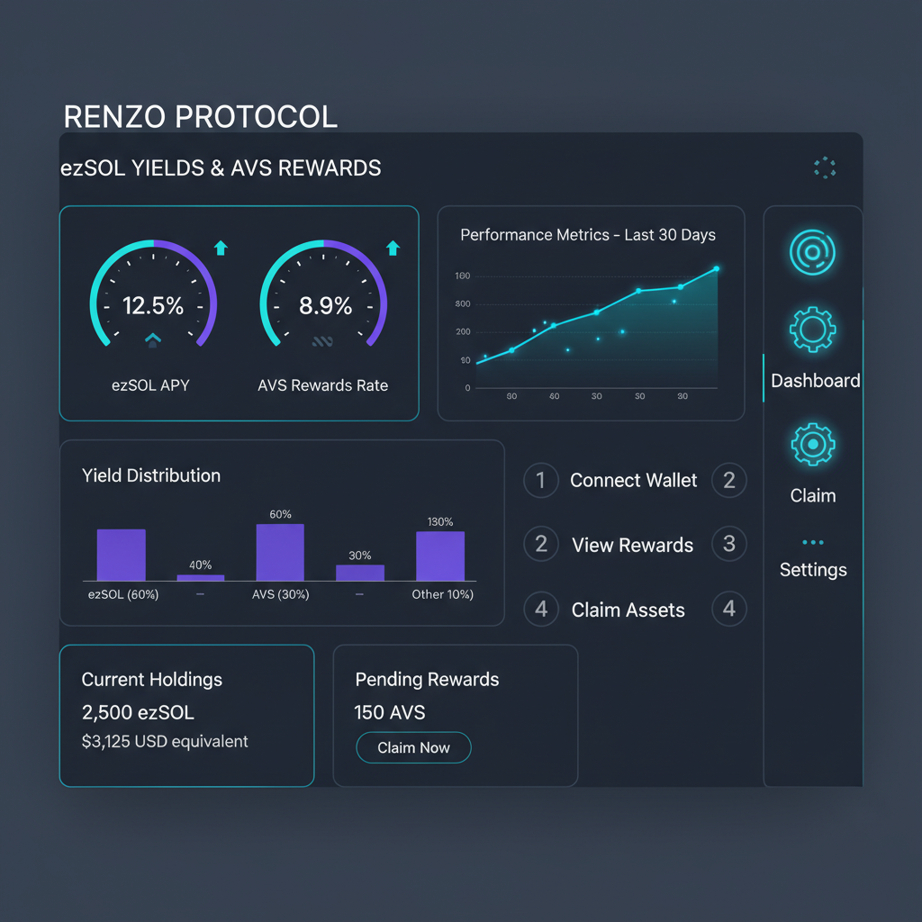 Renzo dashboard tracking ezSOL yields and AVS rewards, charts graphs performance metrics, futuristic UI