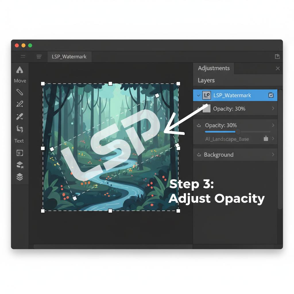 screenshot of Photoshop-like software applying subtle LSP watermark overlay on AI image