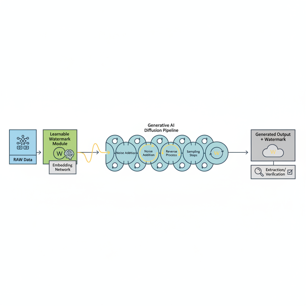 abstract visualization of RAW learnable watermark embedding in generative AI diffusion pipeline
