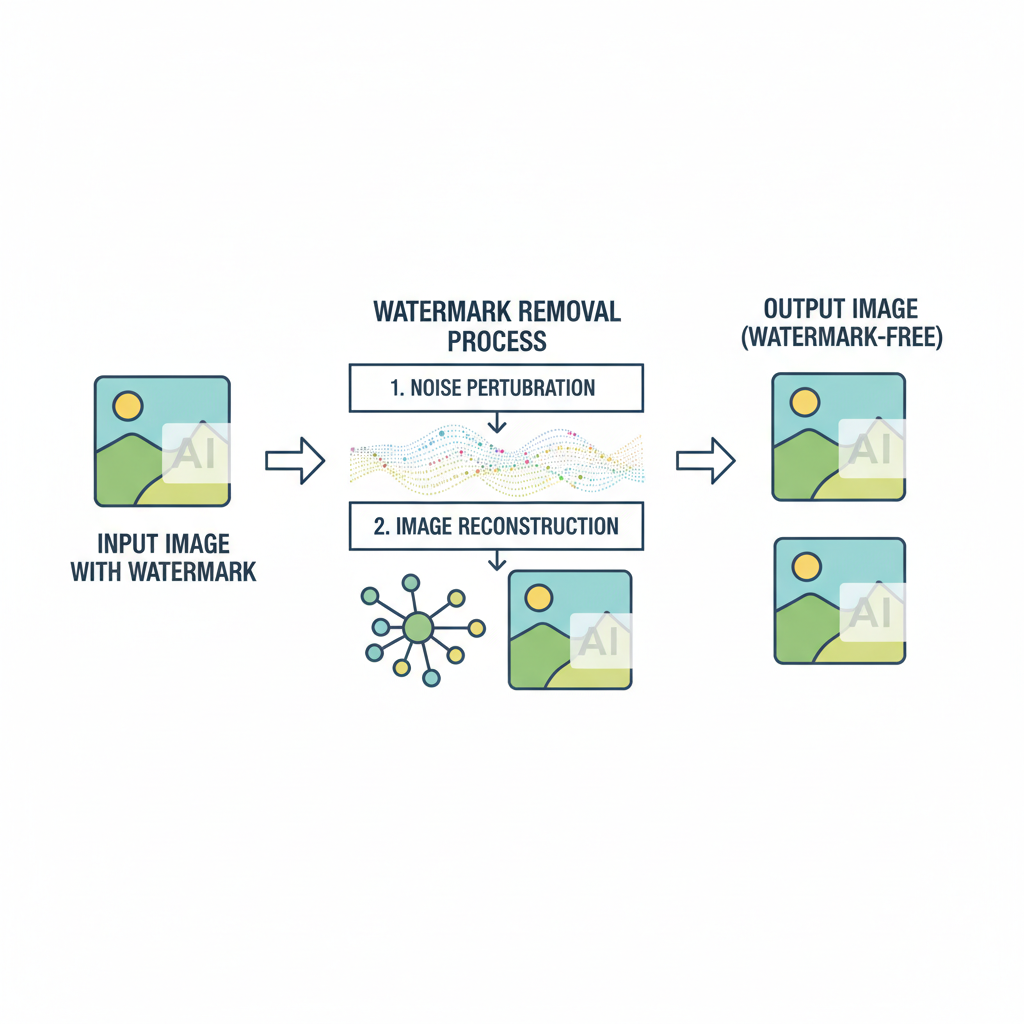 technical diagram showing AI watermark removal via noise perturbation and image reconstruction