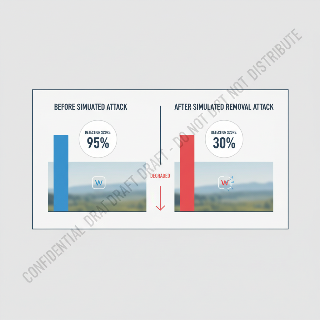 testing dashboard showing watermark detection scores before-after simulated removal attacks