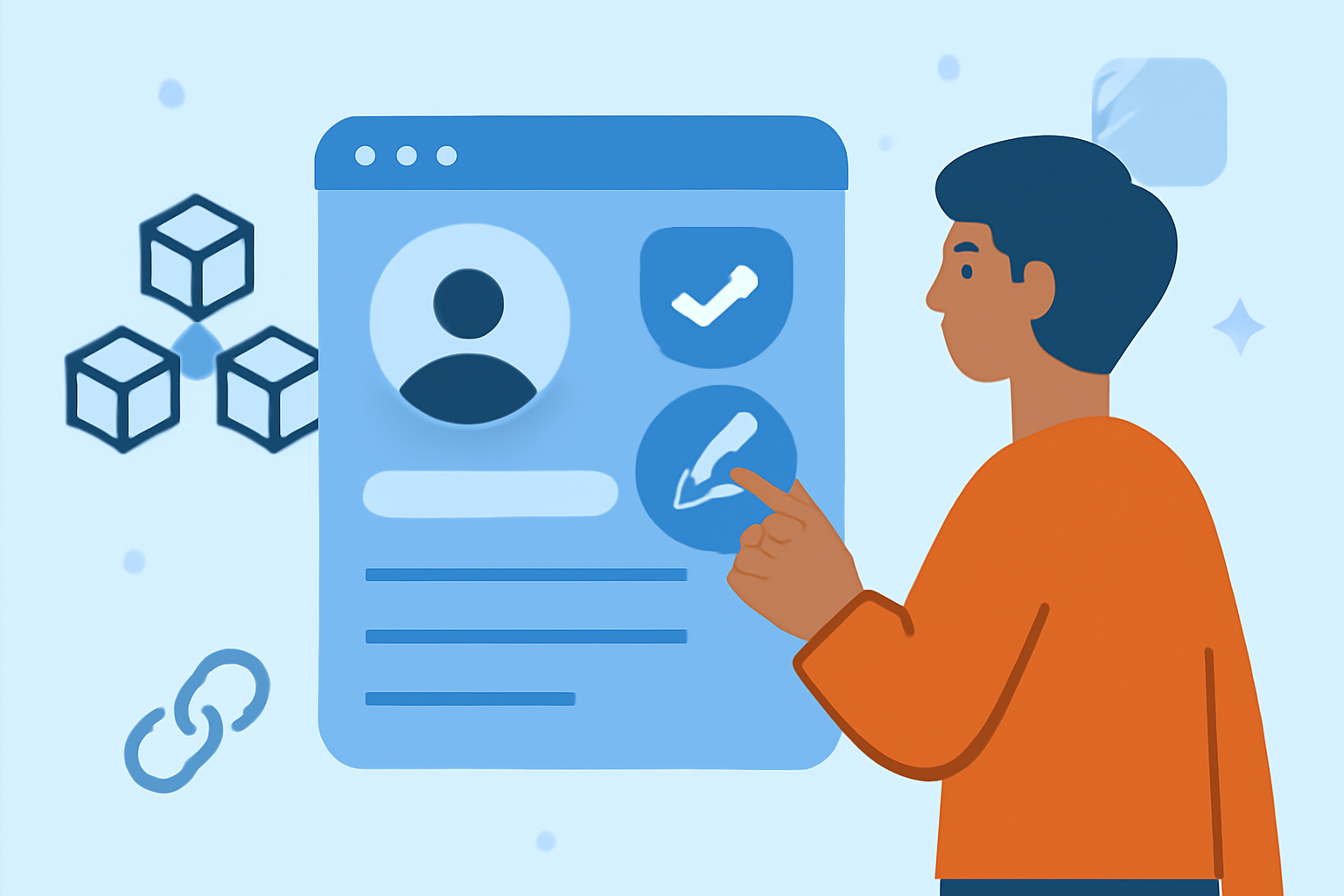 A person setting up a digital profile on a futuristic social app, with blockchain elements and a verified badge