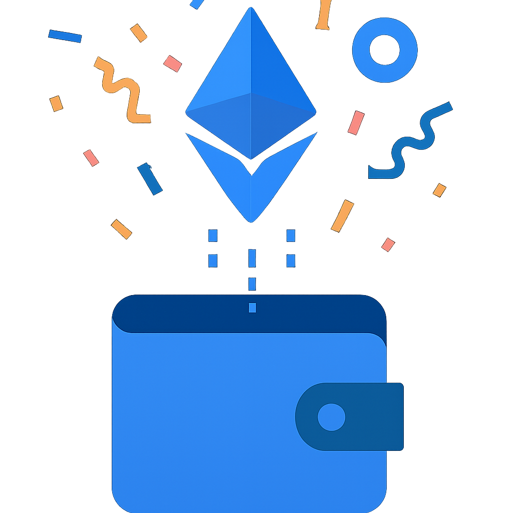 A digital wallet receiving ETH rewards automatically, with confetti and a Base App logo