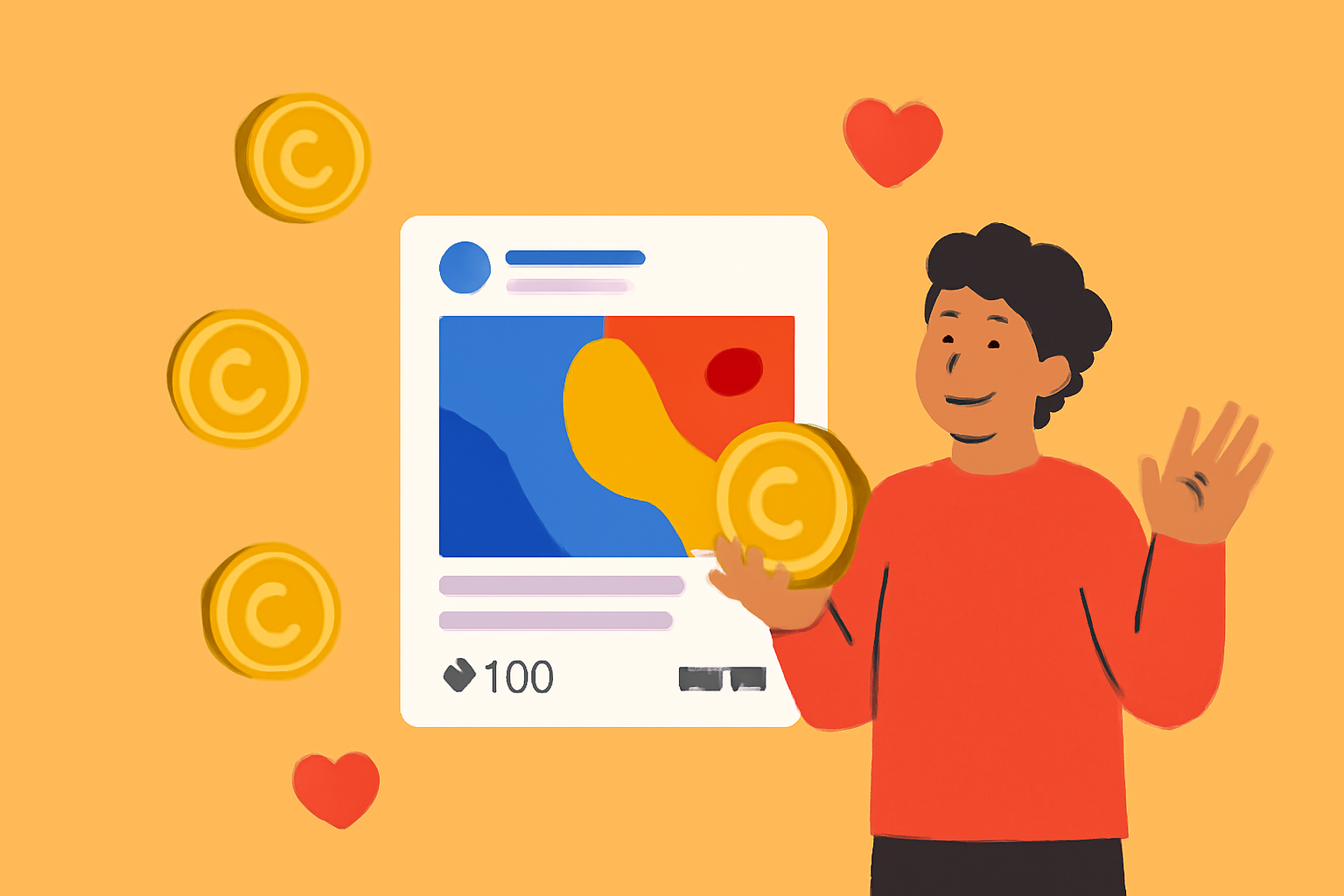 A creator sharing vibrant, tokenized content on a digital social feed, surrounded by coins and likes