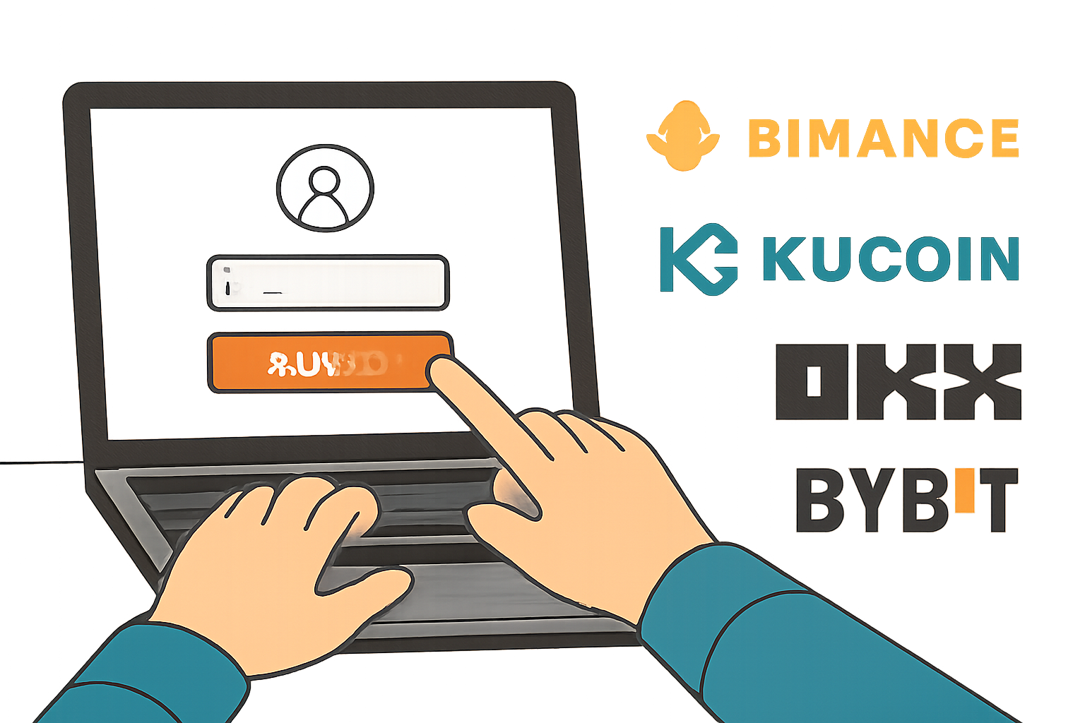 A person signing up on a laptop for a cryptocurrency exchange, with logos of Binance, KuCoin, OKX, and Bybit visible.