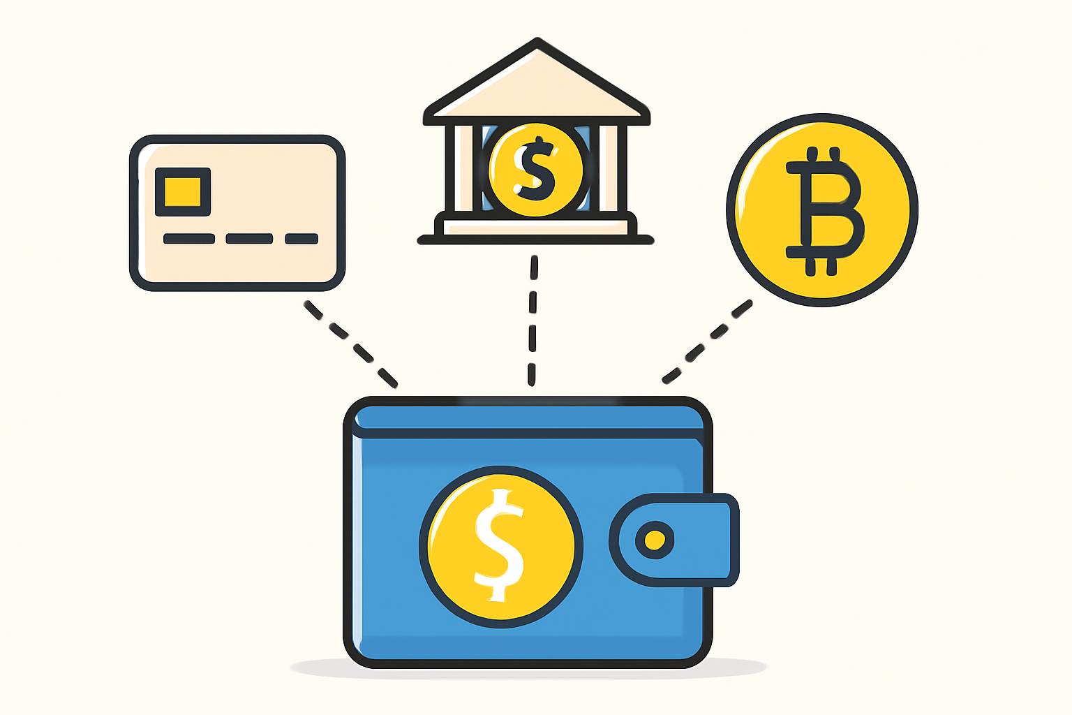 A digital wallet receiving funds via credit card, bank transfer, and cryptocurrency symbols.