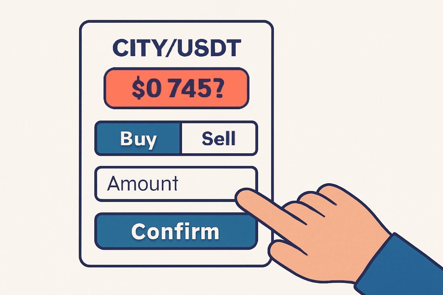 A trading interface showing CITY/USDT pair, with the price $0.7481 highlighted, and a user confirming a purchase.