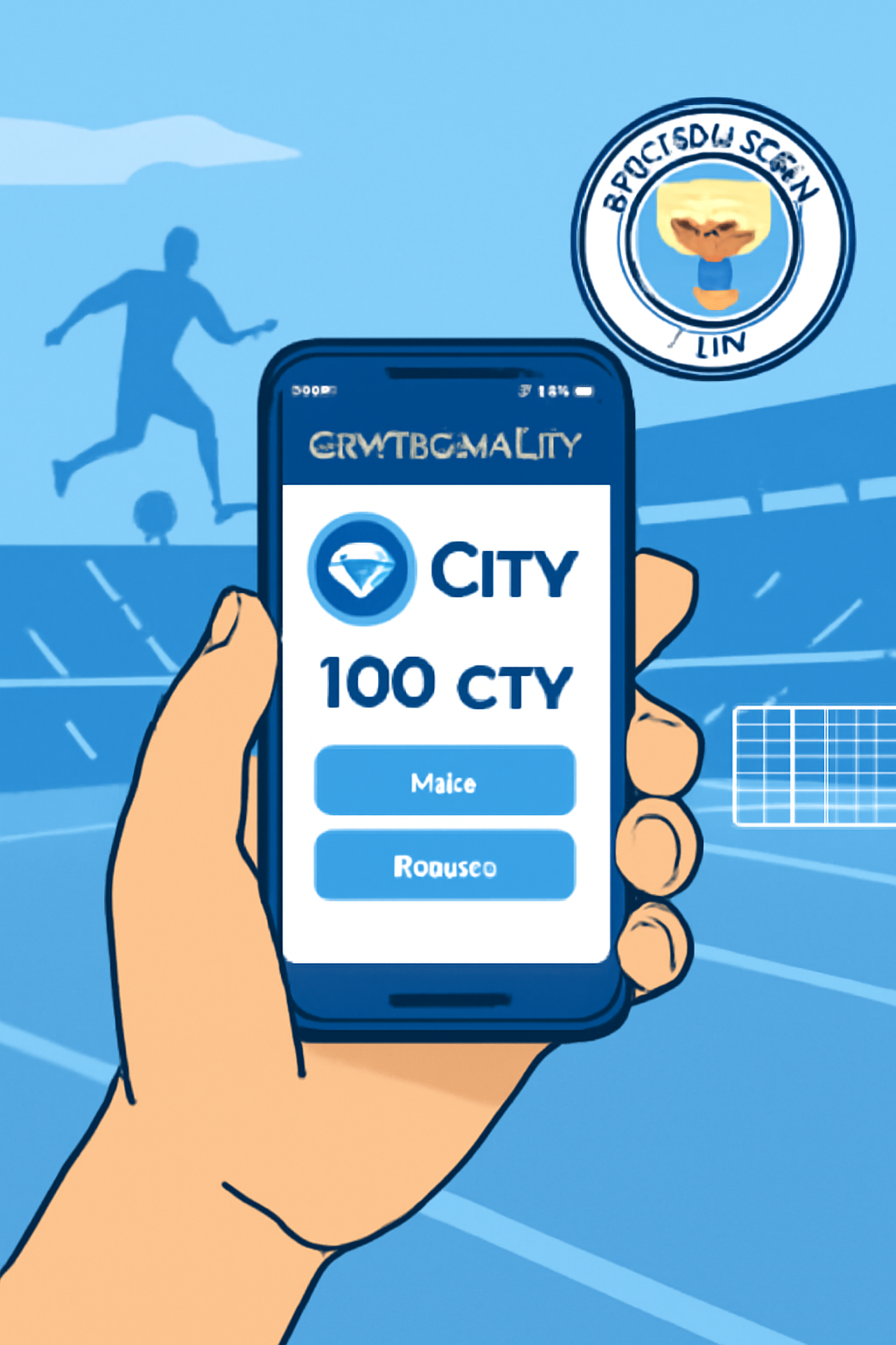 A hand holding a smartphone with a crypto wallet app displaying CITY tokens, and Manchester City football imagery in the background.