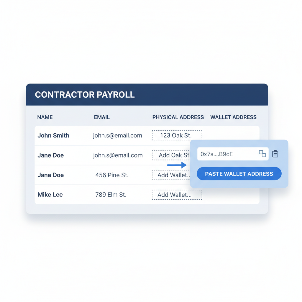 adding contractor wallet addresses to payroll dashboard table with names emails addresses copy paste interface