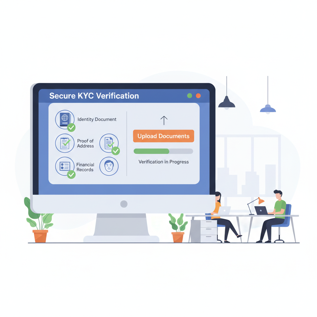 secure KYC verification process on payroll platform, documents uploading checklist green checkmarks professional office setting