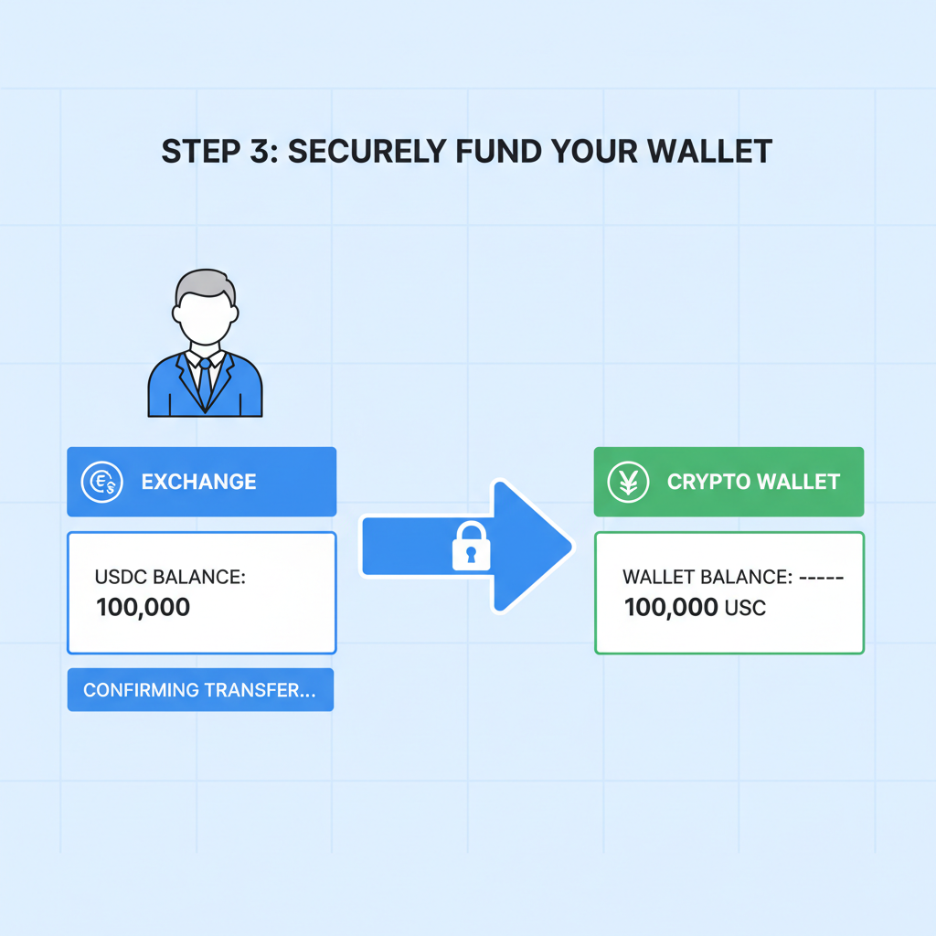 business user funding crypto wallet with USDC transfer arrow from exchange to wallet secure digital interface