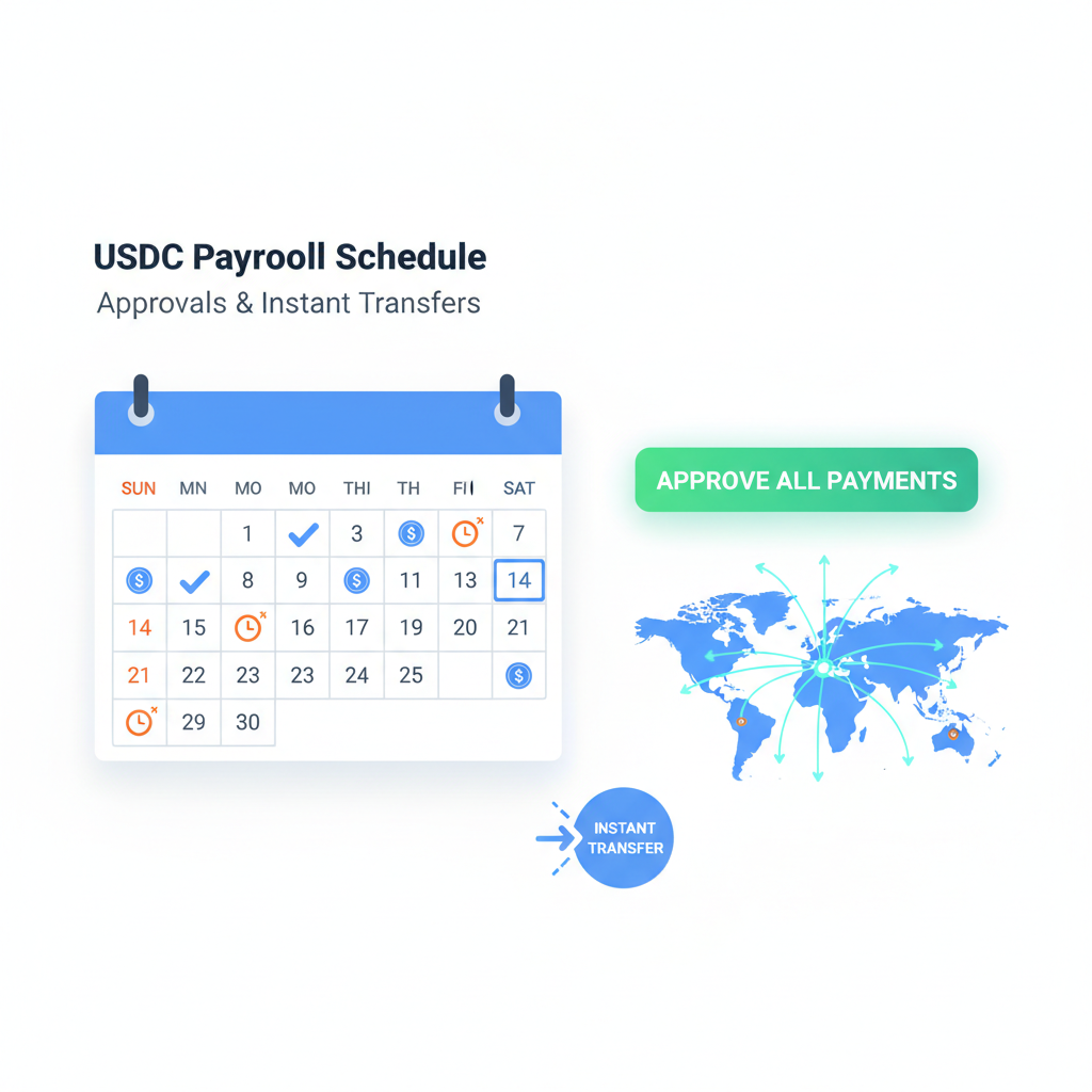 scheduling USDC payroll payments calendar interface approval button global map connections instant transfer animation