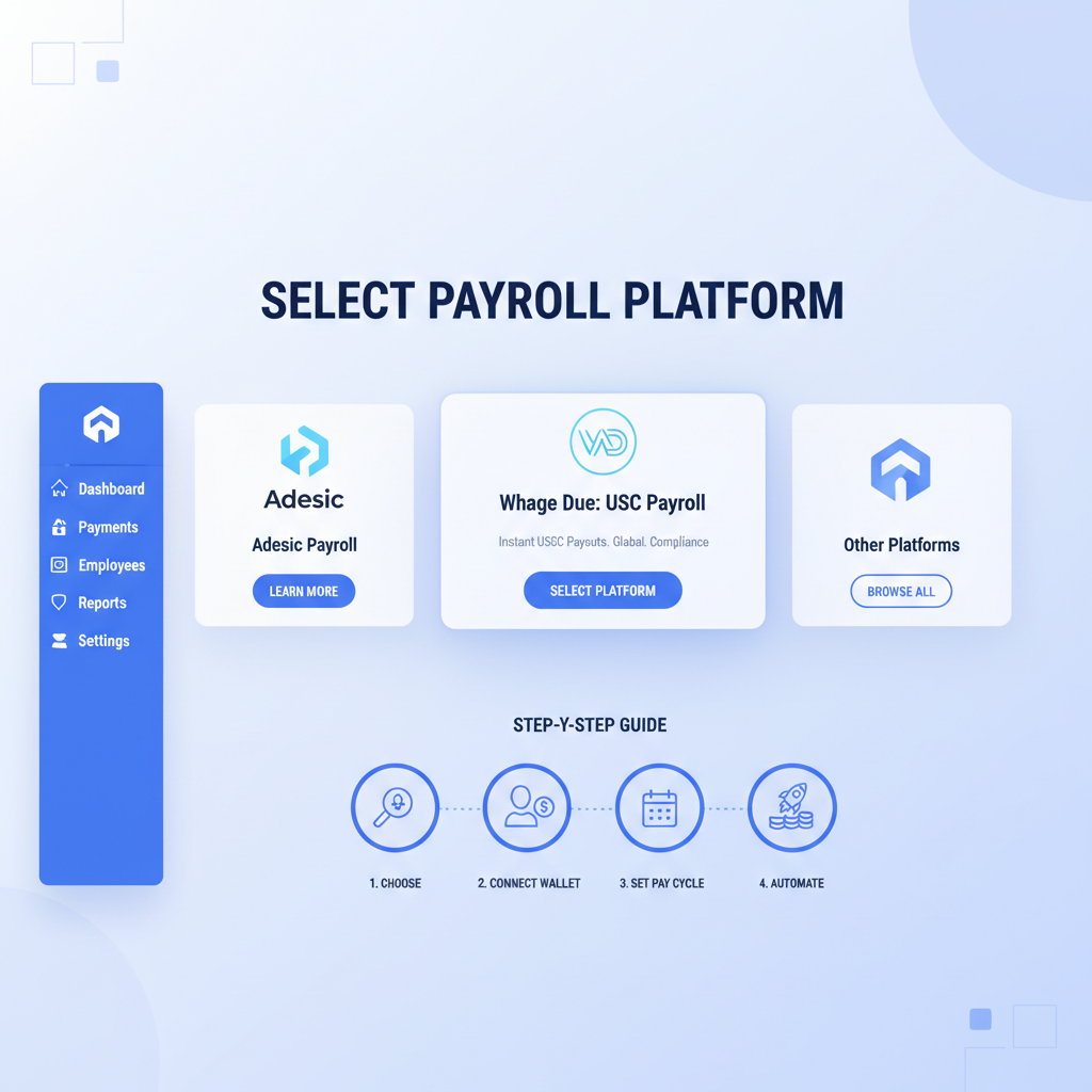 professional dashboard interface for selecting USDC payroll platform Adesic Whage Due, modern UI clean design blue tones