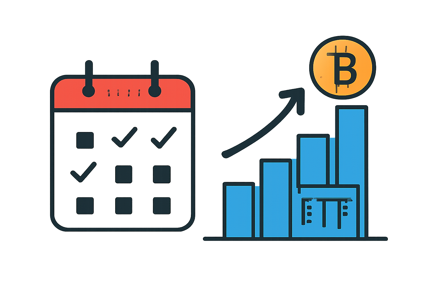calendar icon with quarterly rebalance marks, rising crypto ETF chart