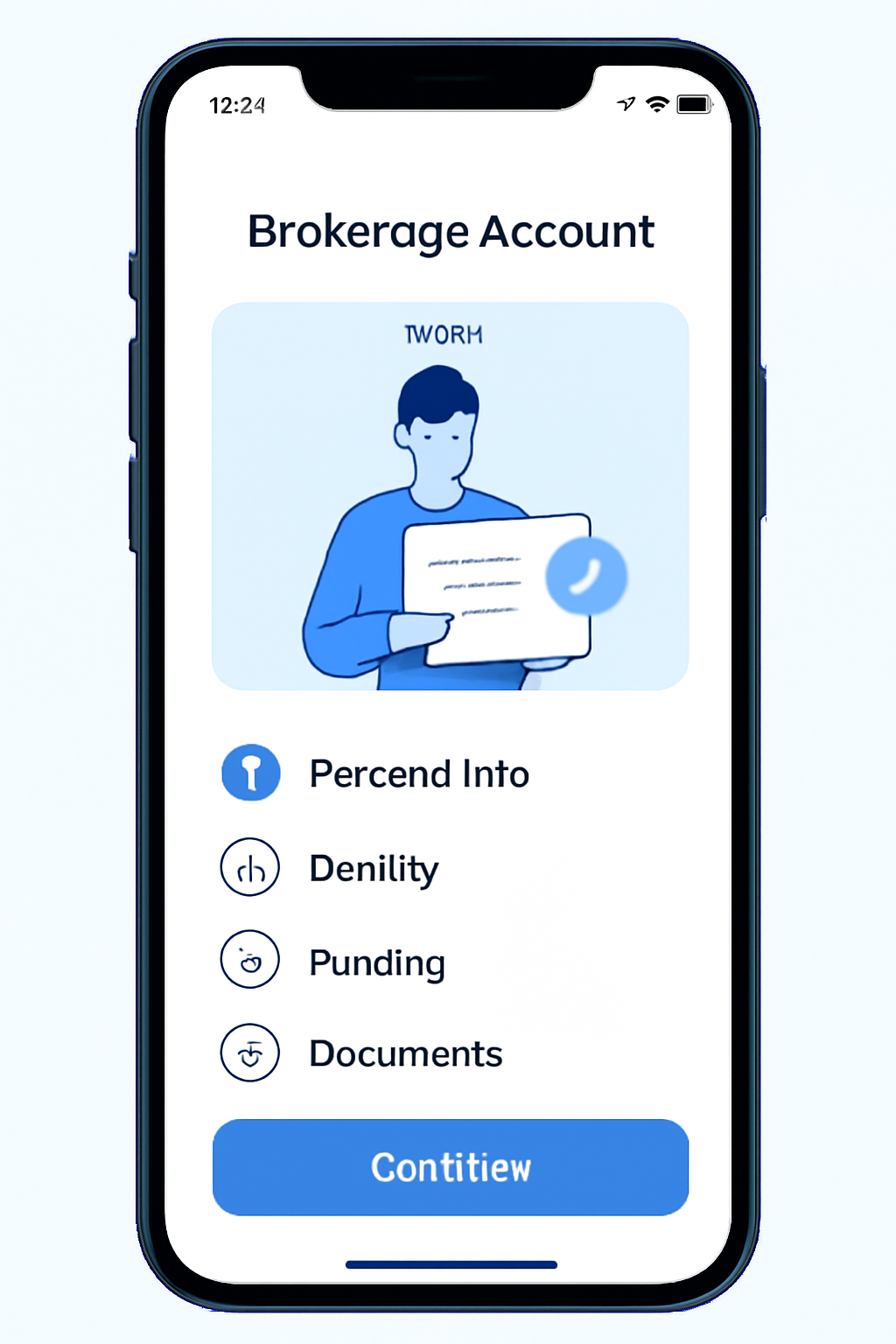 modern smartphone screen showing brokerage account signup process, clean UI, blue tones