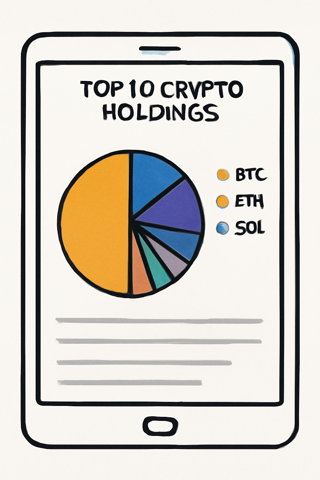 pie chart of top 10 crypto holdings like BTC ETH SOL, ETF details screen