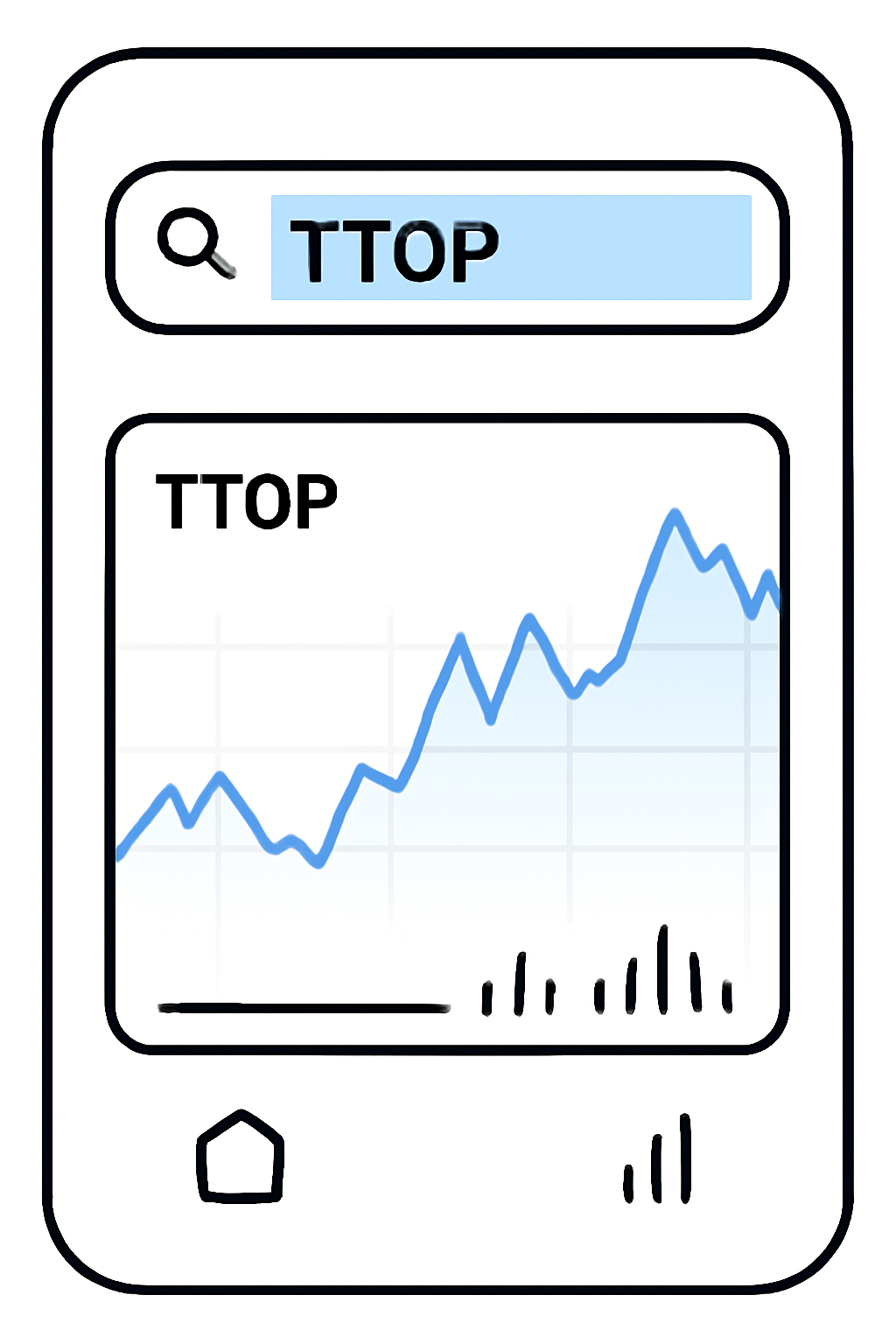brokerage app search bar with TTOP ticker highlighted, stock chart in background