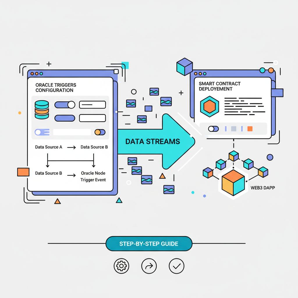 control panel configuring oracle triggers, data streams pushing to smart contract, vibrant web3 graphics