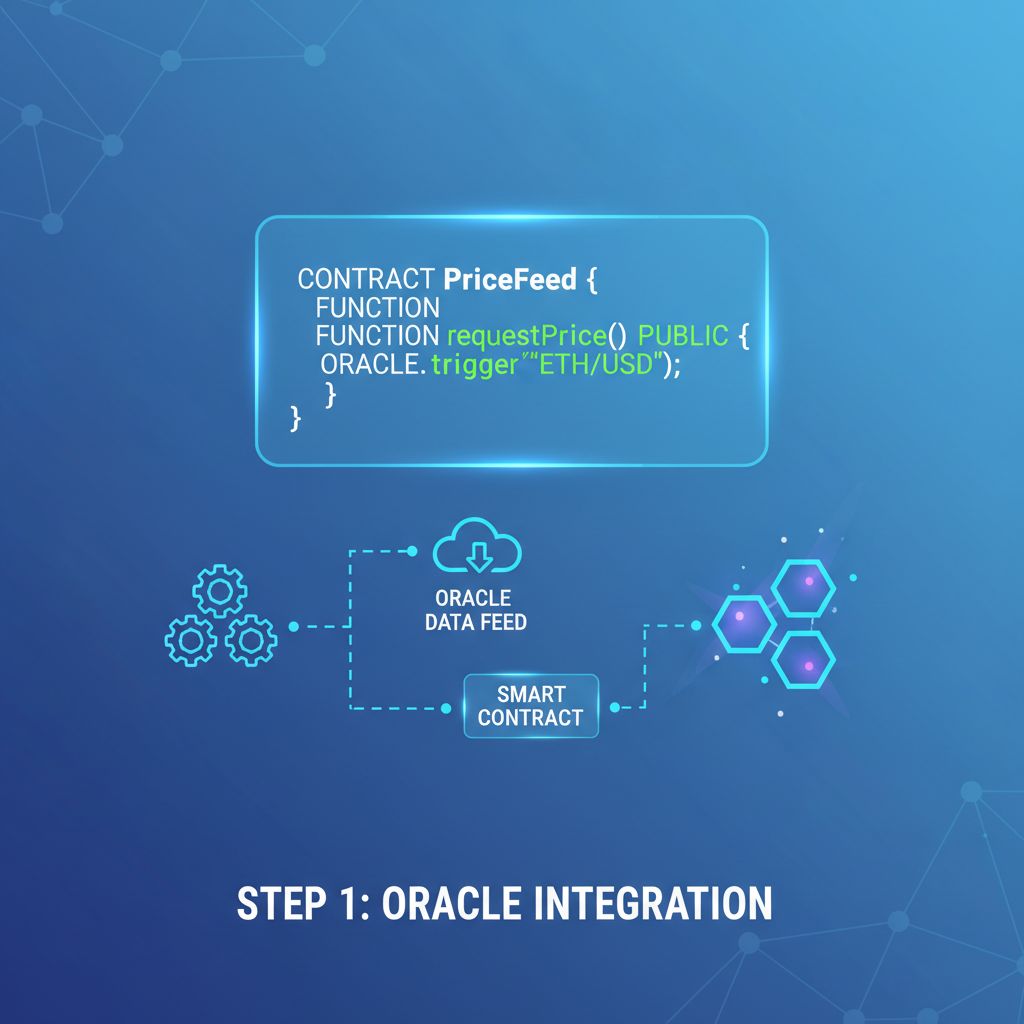 Solidity code on holographic screen, smart contract integrating oracle triggers, glowing blockchain nodes
