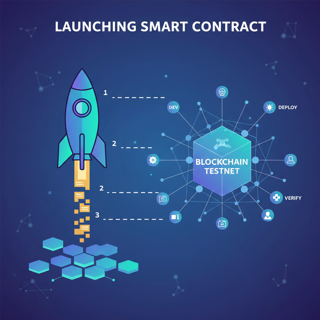 rocket launching smart contract to blockchain testnet, ethereal digital space with nodes connecting