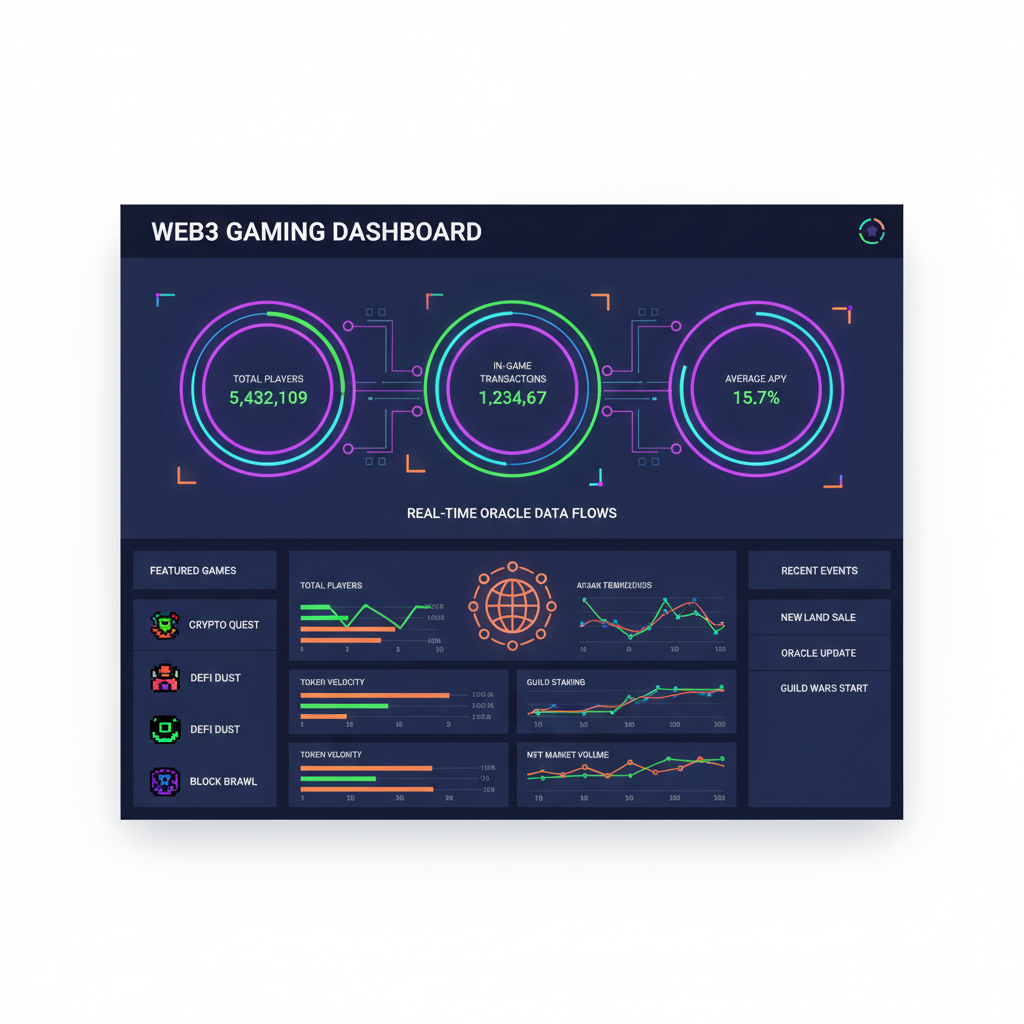 dashboard monitoring web3 gaming metrics, real-time oracle data flows, charts pulsing with neon energy