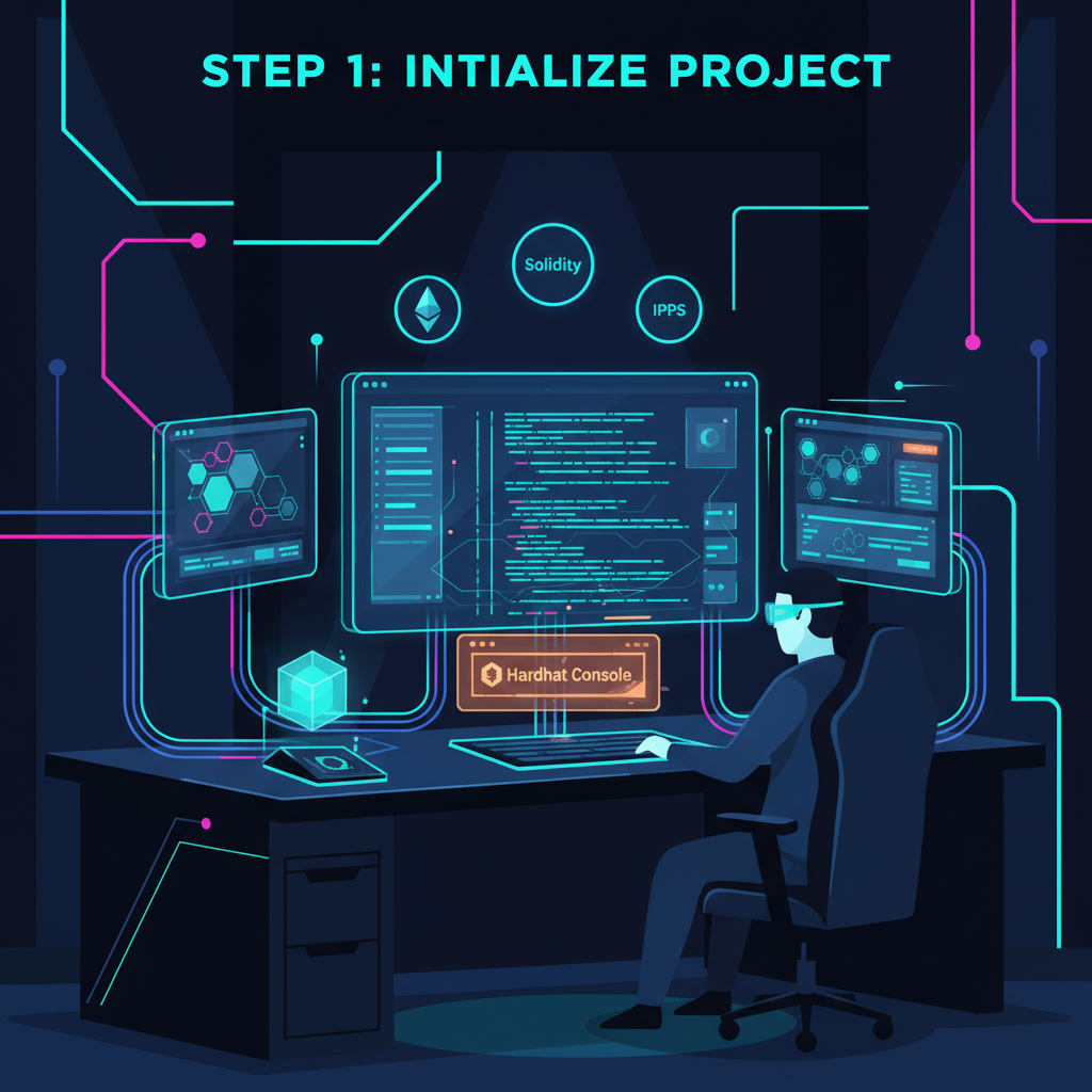 futuristic developer workstation with blockchain tools, Hardhat console glowing, cyberpunk neon lights