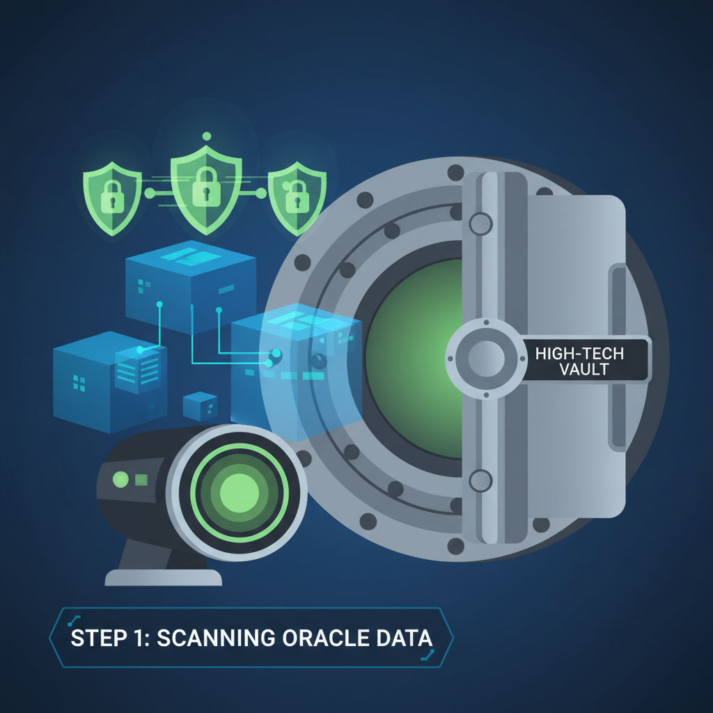 security scanner analyzing blockchain oracle data, shields and locks glowing green, high-tech vault