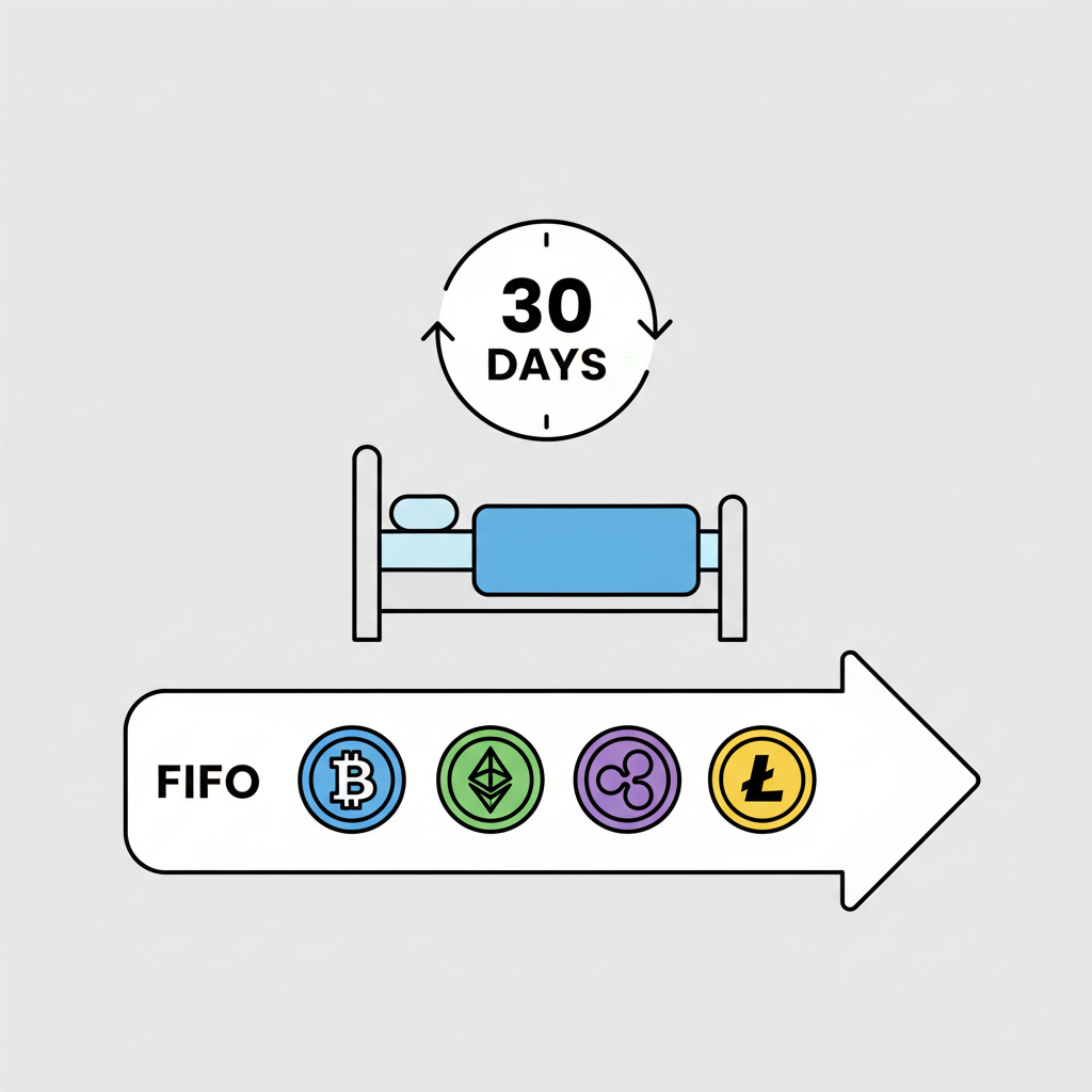 bed icon with clock showing 30 days and FIFO queue of crypto tokens