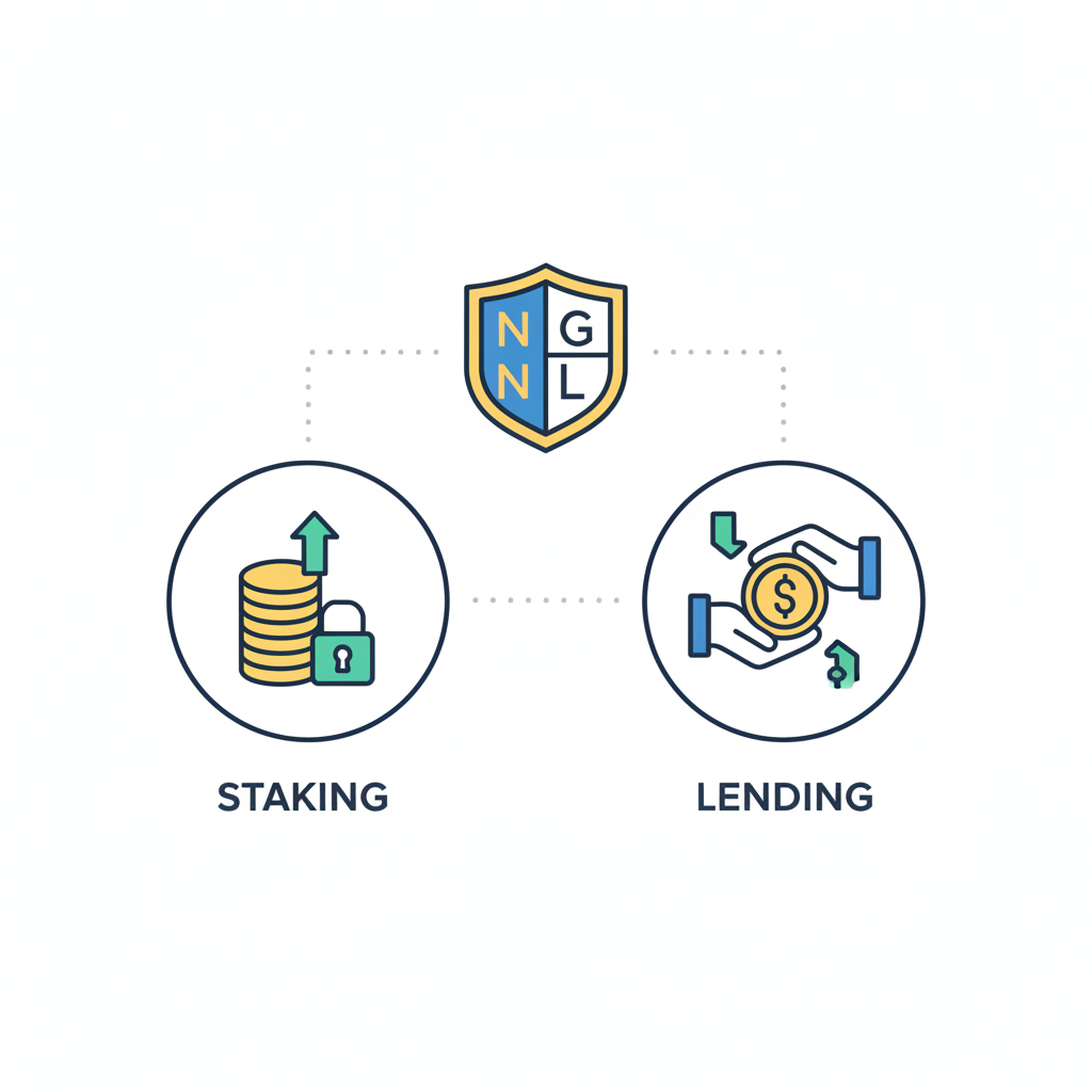 illustration of crypto staking and lending icons with NGNL shield badge