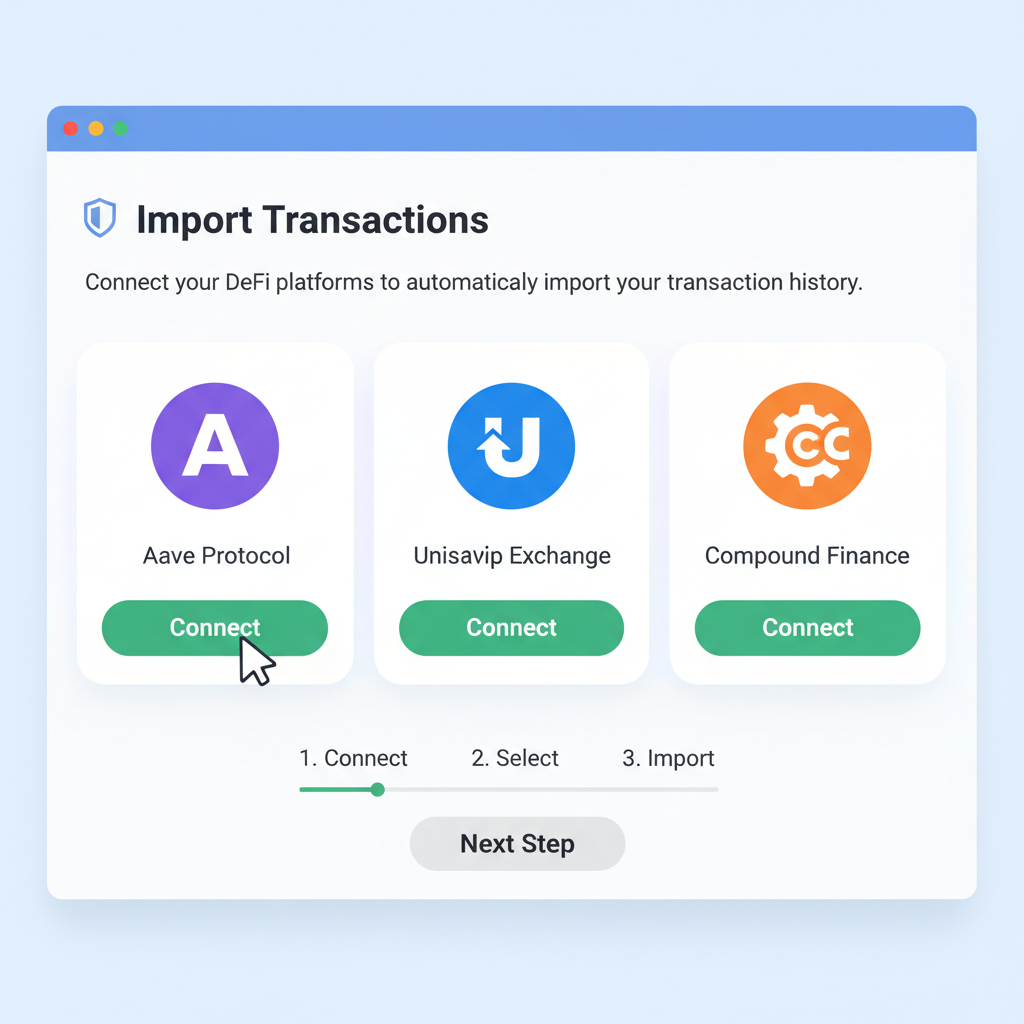 clean screenshot of crypto wallet transaction import interface with DeFi icons