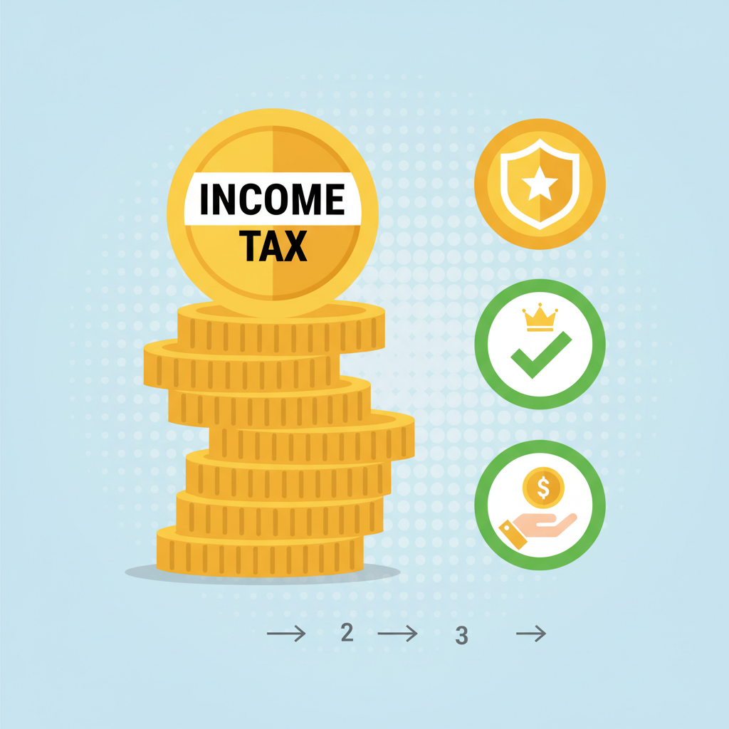 stack of gold coins with income tax label and reward icons