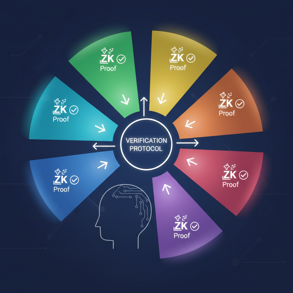 AI model sliced into glowing segments like pie chart, ZK proofs verifying each slice, high-tech diagram