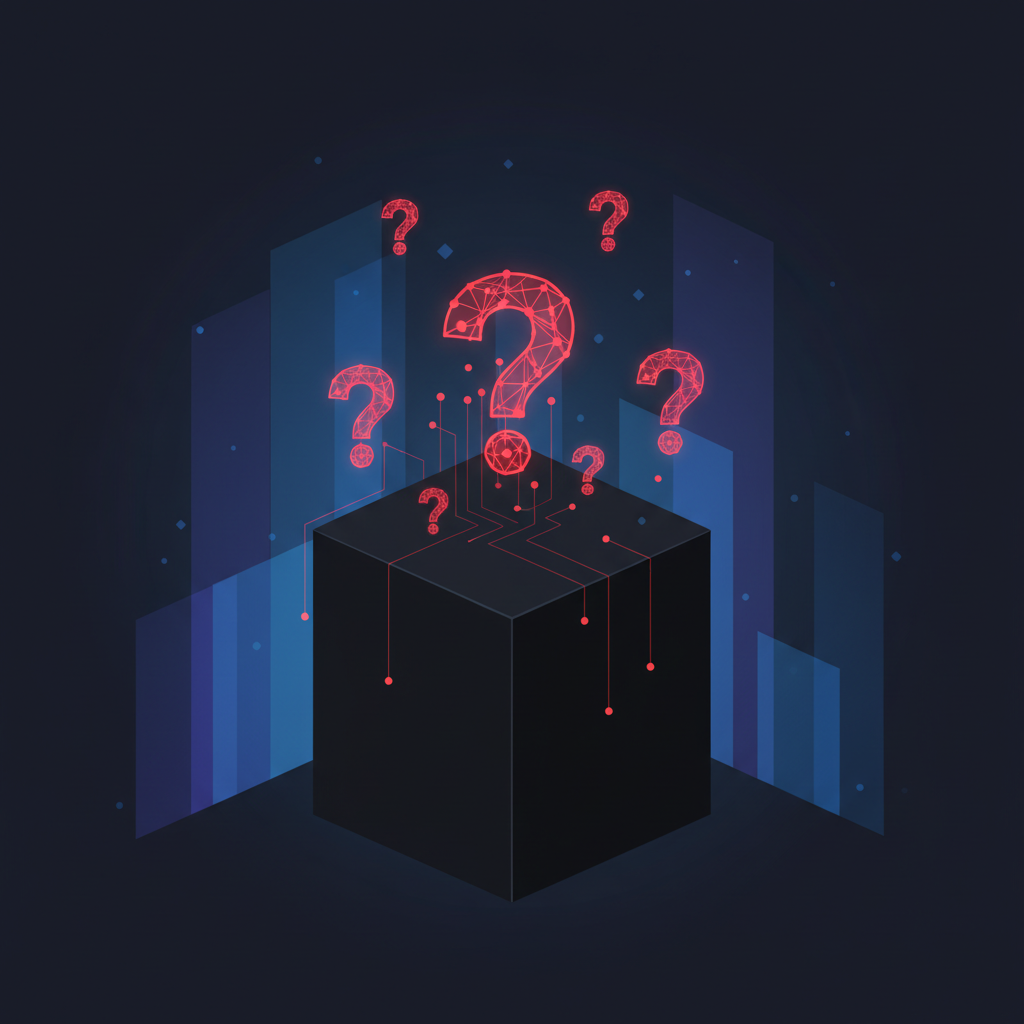mysterious black box AI neural network emitting question marks, glowing red, dark futuristic background