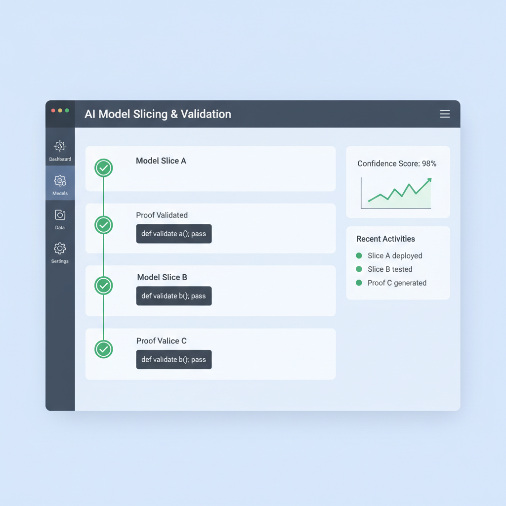 developer dashboard visualizing AI model slices with green check proofs, code snippets, modern UI