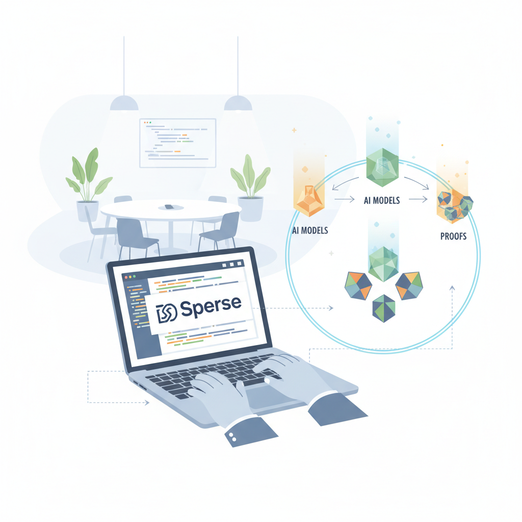 hands typing code on laptop, DSperse logo, AI models transforming to proofs, collaborative workspace