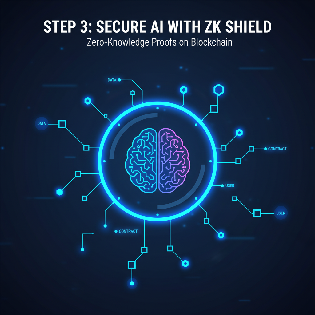 glowing zero-knowledge shield protecting AI brain, blockchain chains linking nodes, neon blue tones