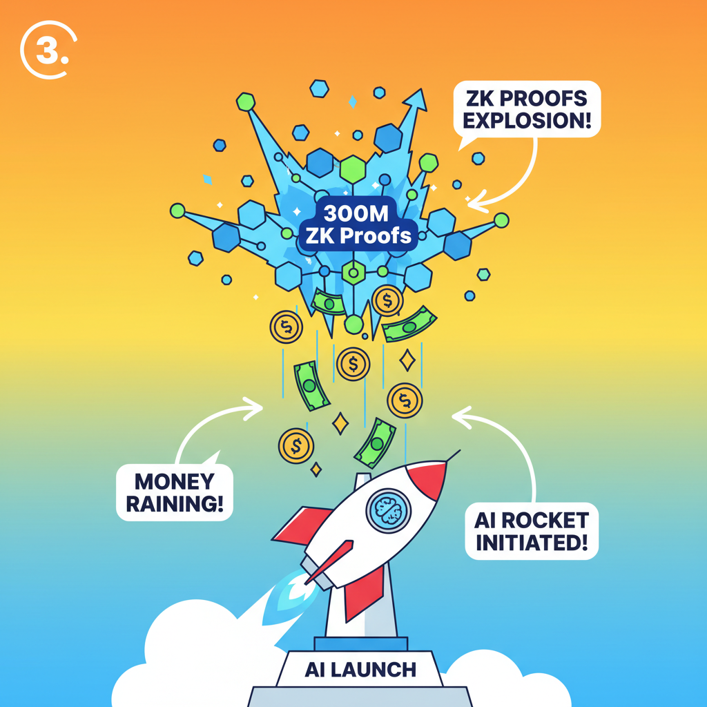 exploding graph of 300M ZK proofs upward, money raining, AI rocket launching, vibrant colors