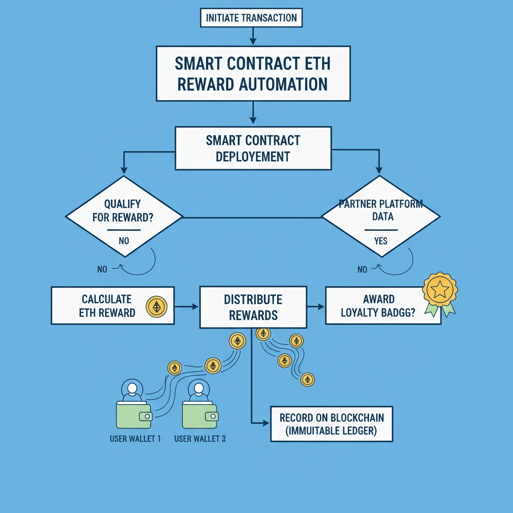 smart contract flowchart automating ETH rewards, coins flowing to user wallets, loyalty badge icons