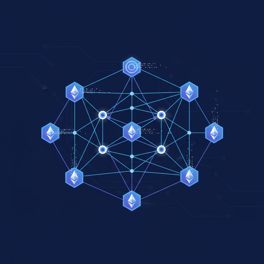 network of distributed blockchain validators activating, Ethereum symbols linking nodes, high-tech grid