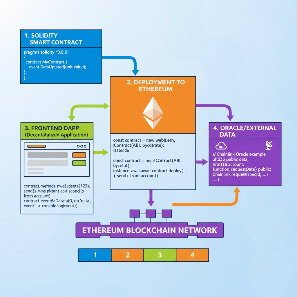 smart contract integration diagram, ethereum blockchain links, code snippets, vibrant