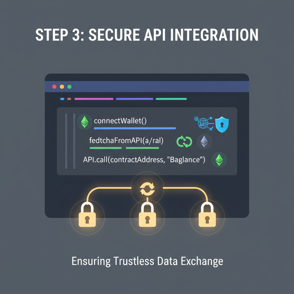 code editor integrating API calls, Ethereum logo, secure connection icons glowing