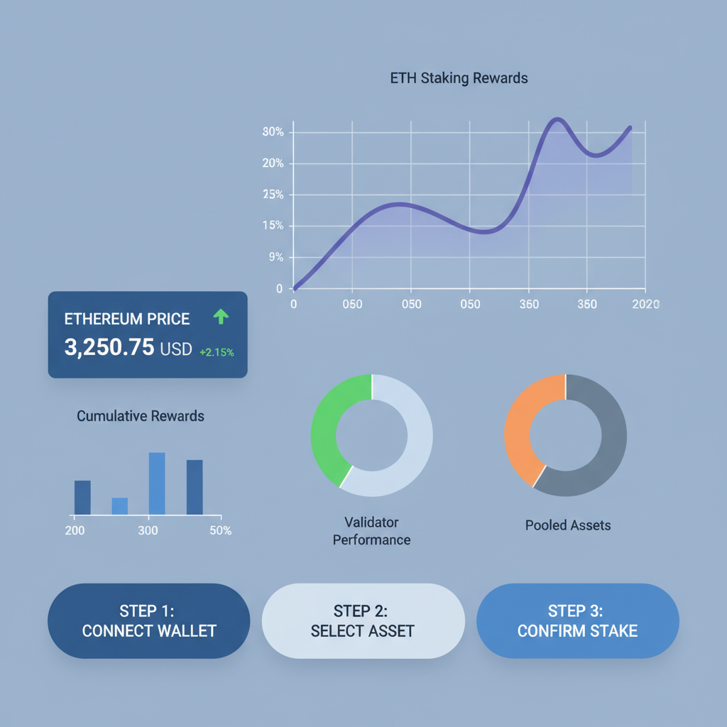 staking analytics dashboard, graphs and charts, ethereum price ticker, professional