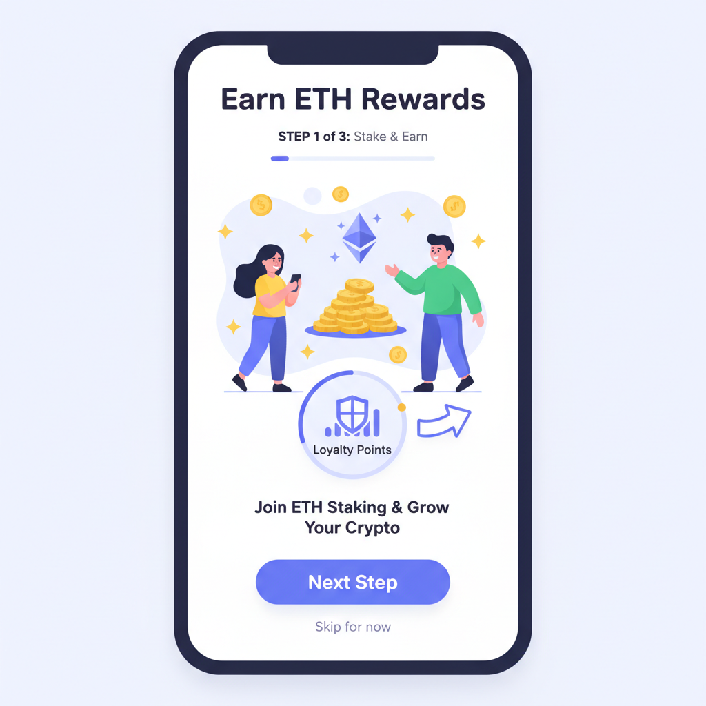 user-friendly mobile app onboarding screen for ETH staking loyalty, happy users earning rewards