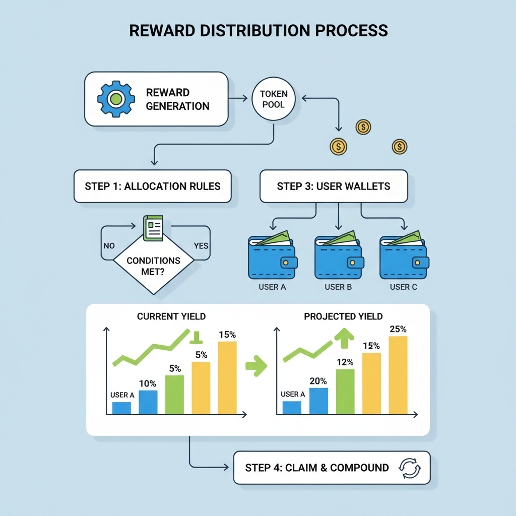 reward distribution flowchart, tokens flowing to wallets, charts showing yields