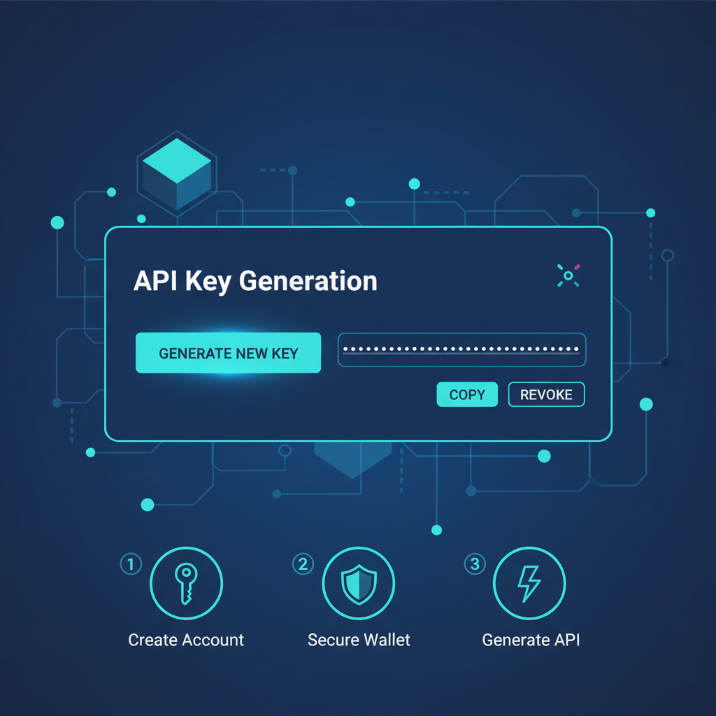 sleek dashboard with API key generation interface, blockchain nodes in background, professional blue tones