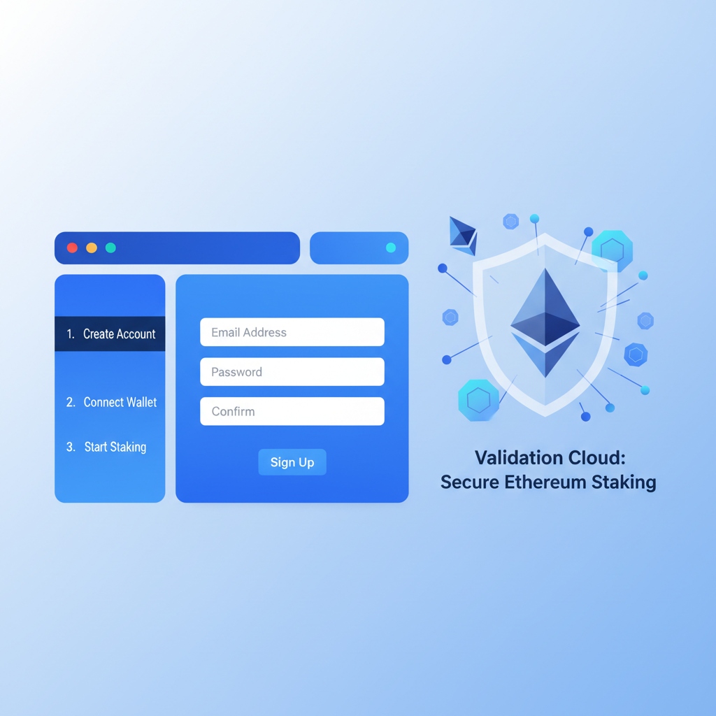 professional signing up on validation cloud dashboard, ethereum staking interface, clean UI, blue tones