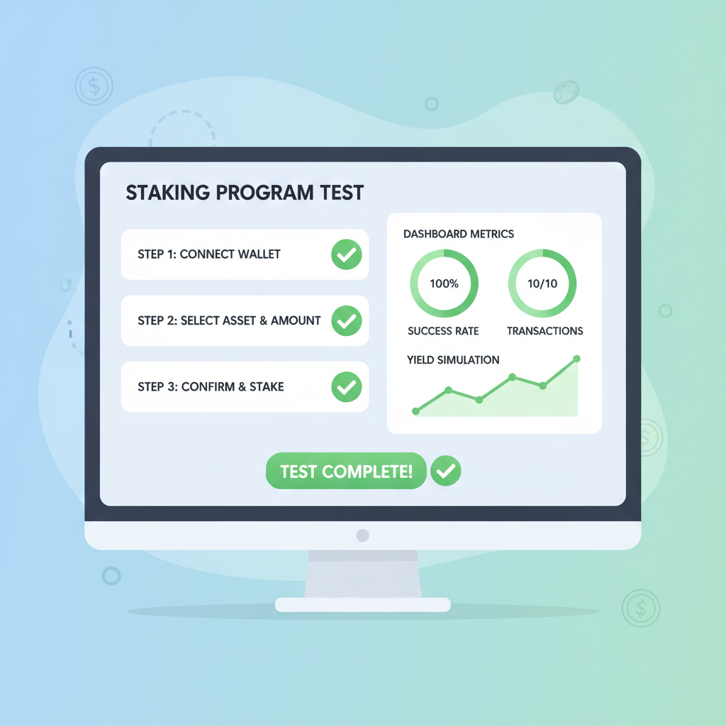 testing staking program, green checkmarks, dashboard metrics, success UI