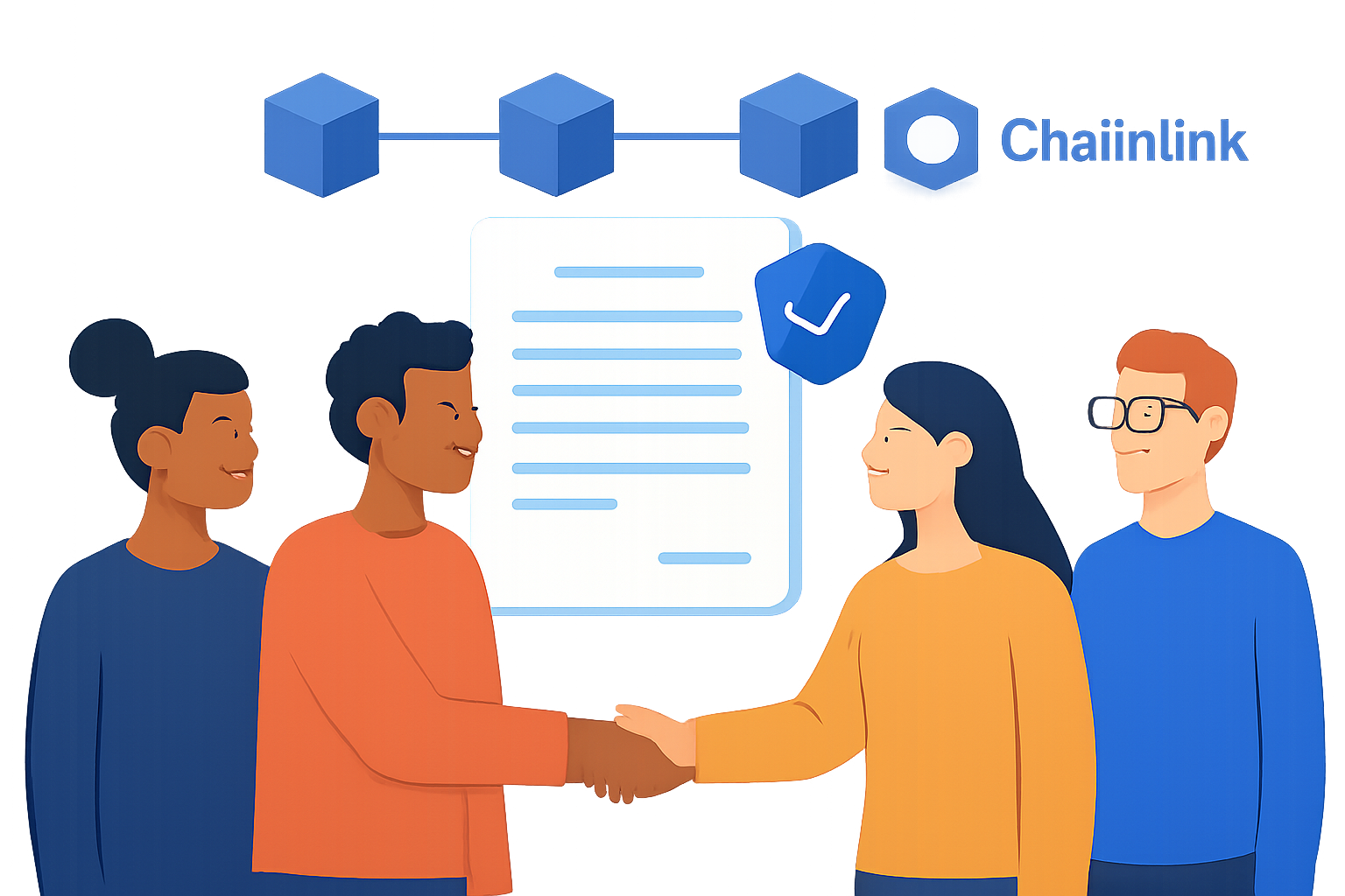A group of diverse stakeholders shaking hands over a digital contract, with a secure blockchain and Chainlink logo in the background.